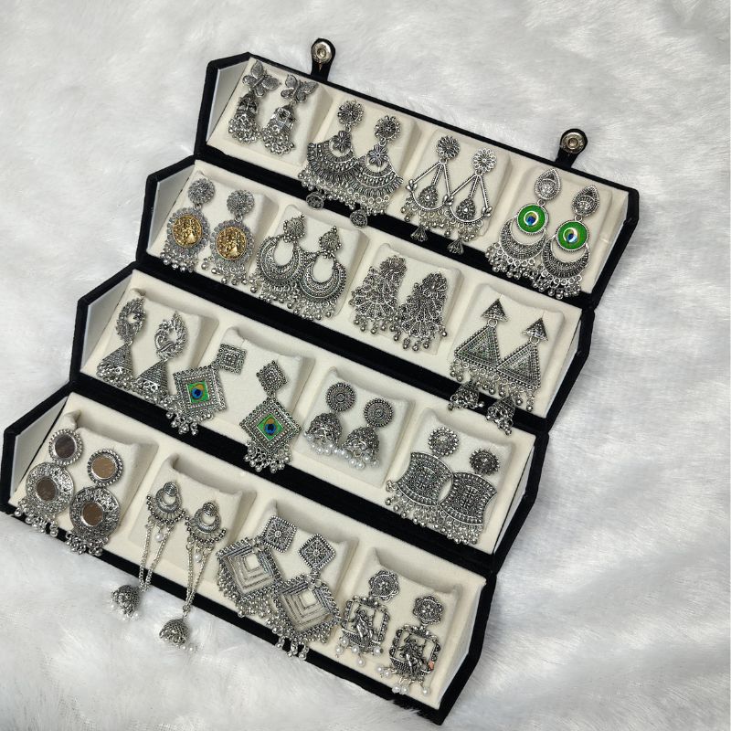 Luxury 16-Pair Silver Jhumka Set with Free Bangle