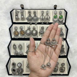 Luxury 16-Pair Silver Jhumka Set with Free Bangle