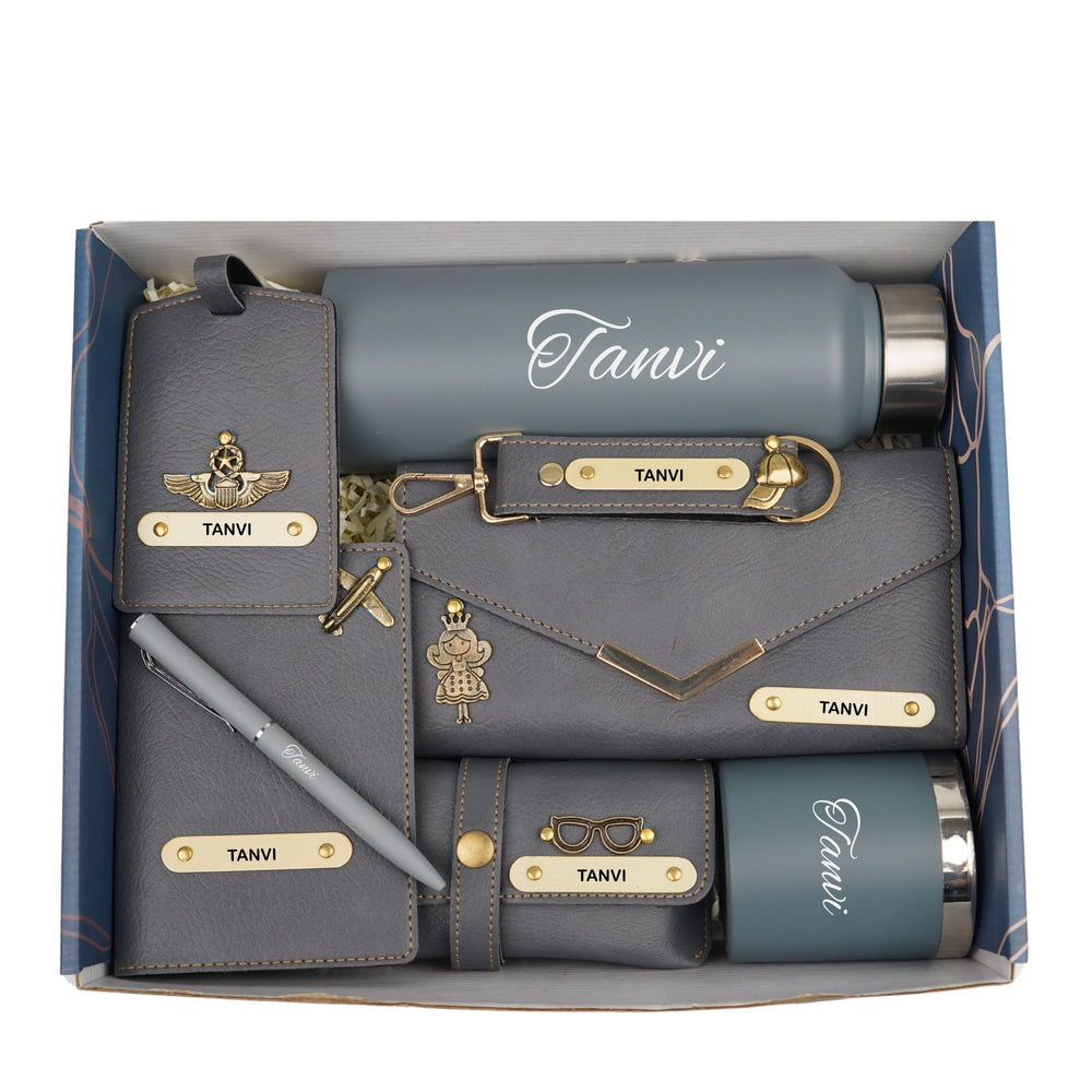 Customized Women Gift with Name & Charm, Leather Lady Wallett, Passport Cover, Water Bottle, Keychain, Customised Pen - Grey