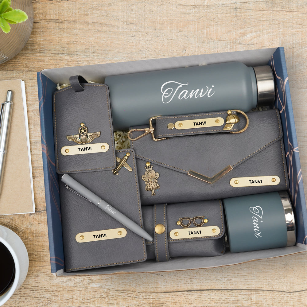 Customized Women Gift with Name & Charm, Leather Lady Wallett, Passport Cover, Water Bottle, Keychain, Customised Pen - Grey