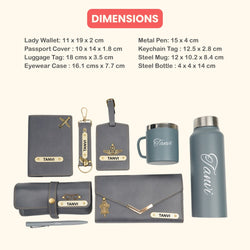 Customized Women Gift with Name & Charm, Leather Lady Wallett, Passport Cover, Water Bottle, Keychain, Customised Pen - Grey