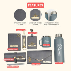Customized Women Gift with Name & Charm, Leather Lady Wallett, Passport Cover, Water Bottle, Keychain, Customised Pen - Grey