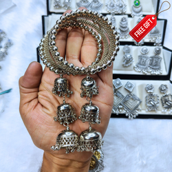 Luxury 16-Pair Silver Jhumka Set with Free Bangle